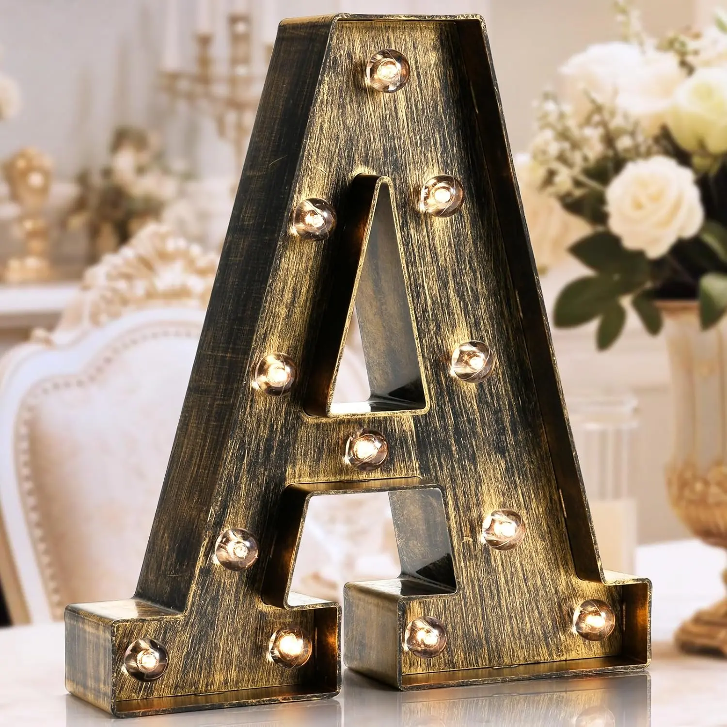 Golden Black Led Marquee Letter - Industrial,  Style Light Up Alphabet Letter Sign for Cafe Wedding Birthday Party Christmas Lamp Home Bar Initials Decor - A
