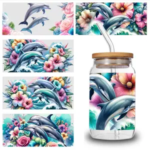 5 Sheets Dolphin Floral UV DTF Stickers Waterproof Rub on Transfers UV DTF Transfer Stickers for Glass Cups Plastic Self-Adhesive Labels Suitable for 16 oz Glass DIY Water Bottle Glass side  eyes  sticker