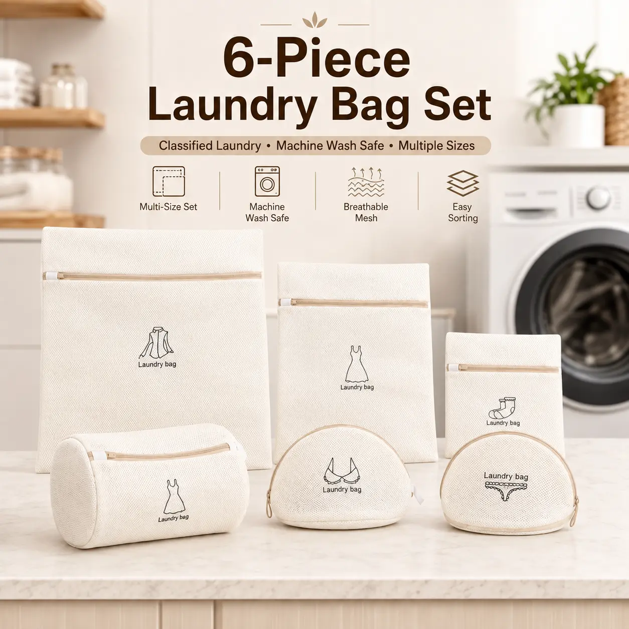 6-in-1 Multi-Size Mesh Laundry Bags Set, Reusable Double-Layer Fabric Washing Bags, Effectively Protect Garments from Snags and Tearing, Ideal for Household Washing Machine and Travel Storage