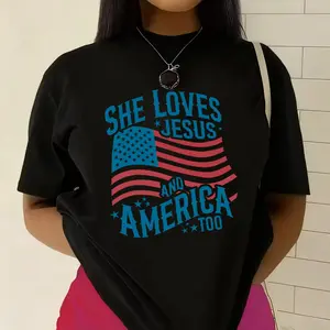 She Loves Jesus And America Too' Patriotic Faith Print T-shirt American Christian Style Casual Top