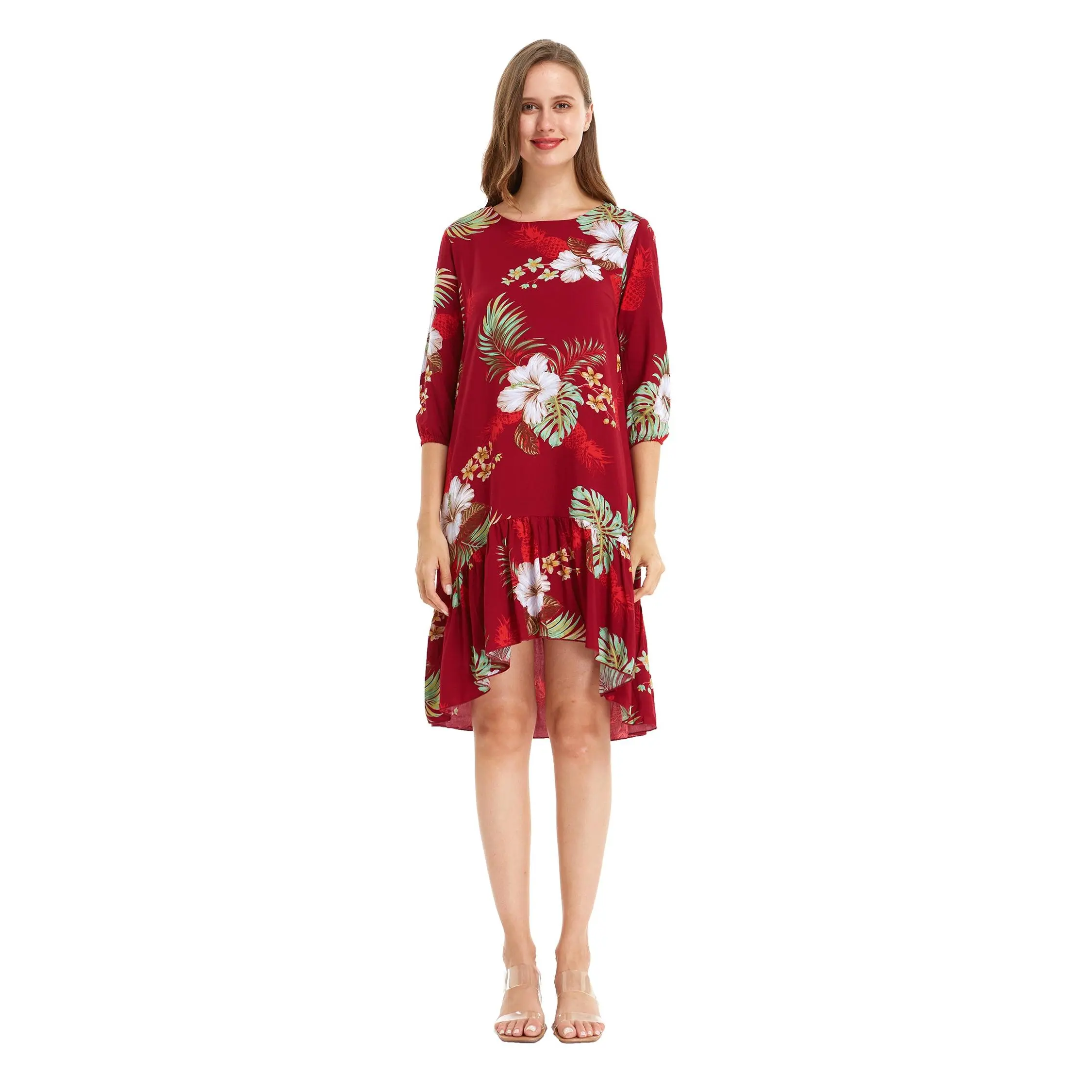 Women's 3/4 Sleeve Ruffle Dress in Pineapple Garden Red