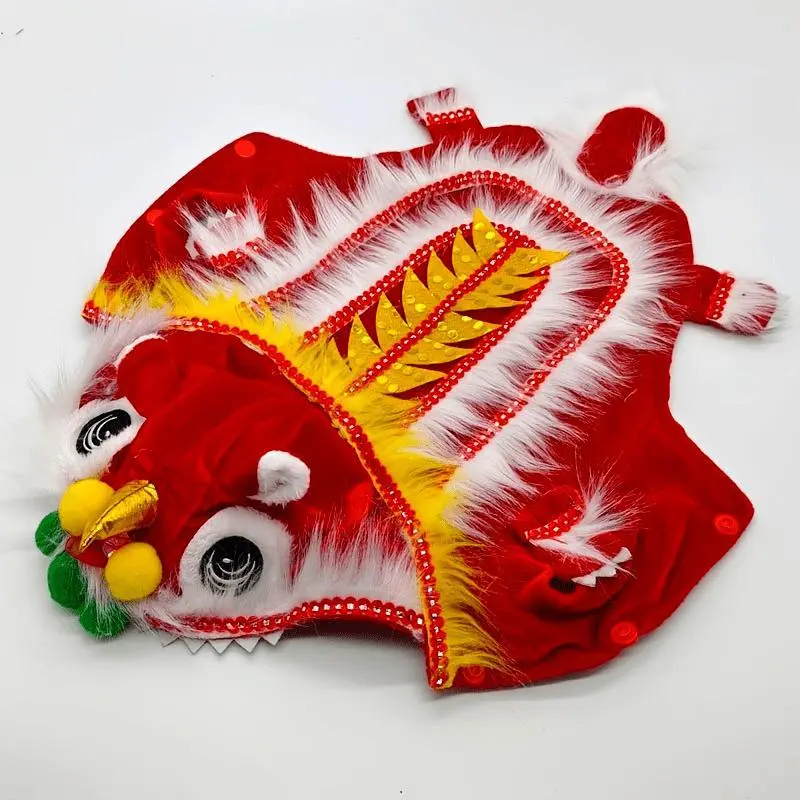 Festive Lion Dance Costume for Pets - Red, Funny New Year's Outfit with Sequins & Fringes, Easy-to-Wear Snap Buttons, Ideal for Small Dogs and Cats