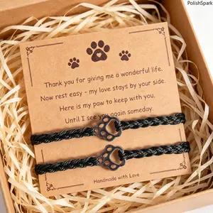 Pet Memorial Paw Print Braided Bracelet 2Pcs Set, Remembrance Sympathy Gift For Pet Loss Dog Cat Owner Adjustable Handmade Cord Bracelet With Greeting Card summervibes