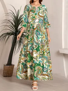 Women's Elegant Paisley Floral Print Long Dress, Loose-Fit V-Neck Tassel Tie Waist, Spring & Fall Woven Fabric Casual Wear Fashion