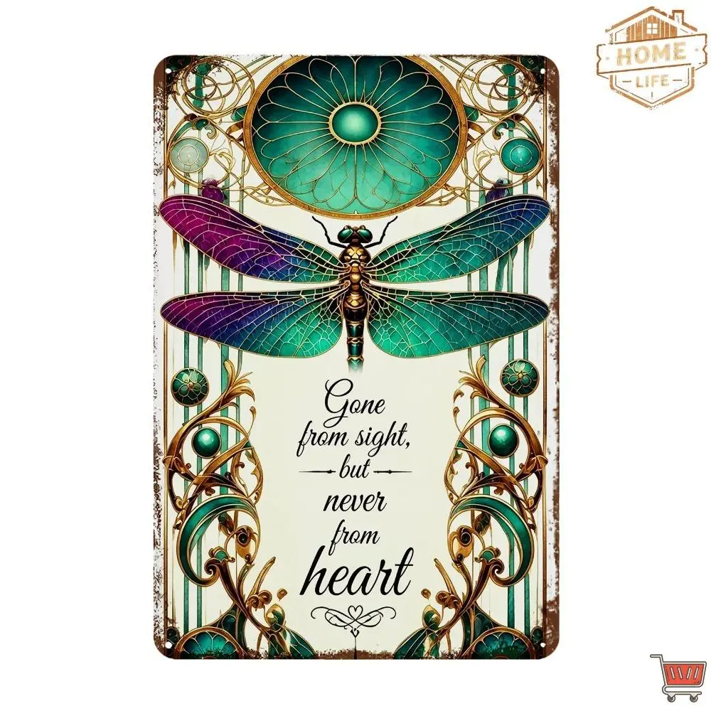 Vintage Dragonfly Metal Wall Art Sign – “Gone from Sight, But Never from Heart” Memorial Rustic Tin Plaque, Elegant Green Gold Home Decor, Sympathy Gift, 8x12 Inch,  dragonfly wall art, memorial metal sign, sympathy gift decor, rustic tin wall decor