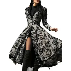 Women’s Vintage Floral Lace Patchwork Jacket — Elegant long trench coat with V-neck, machine washable, casual and comfortable, women’s tops