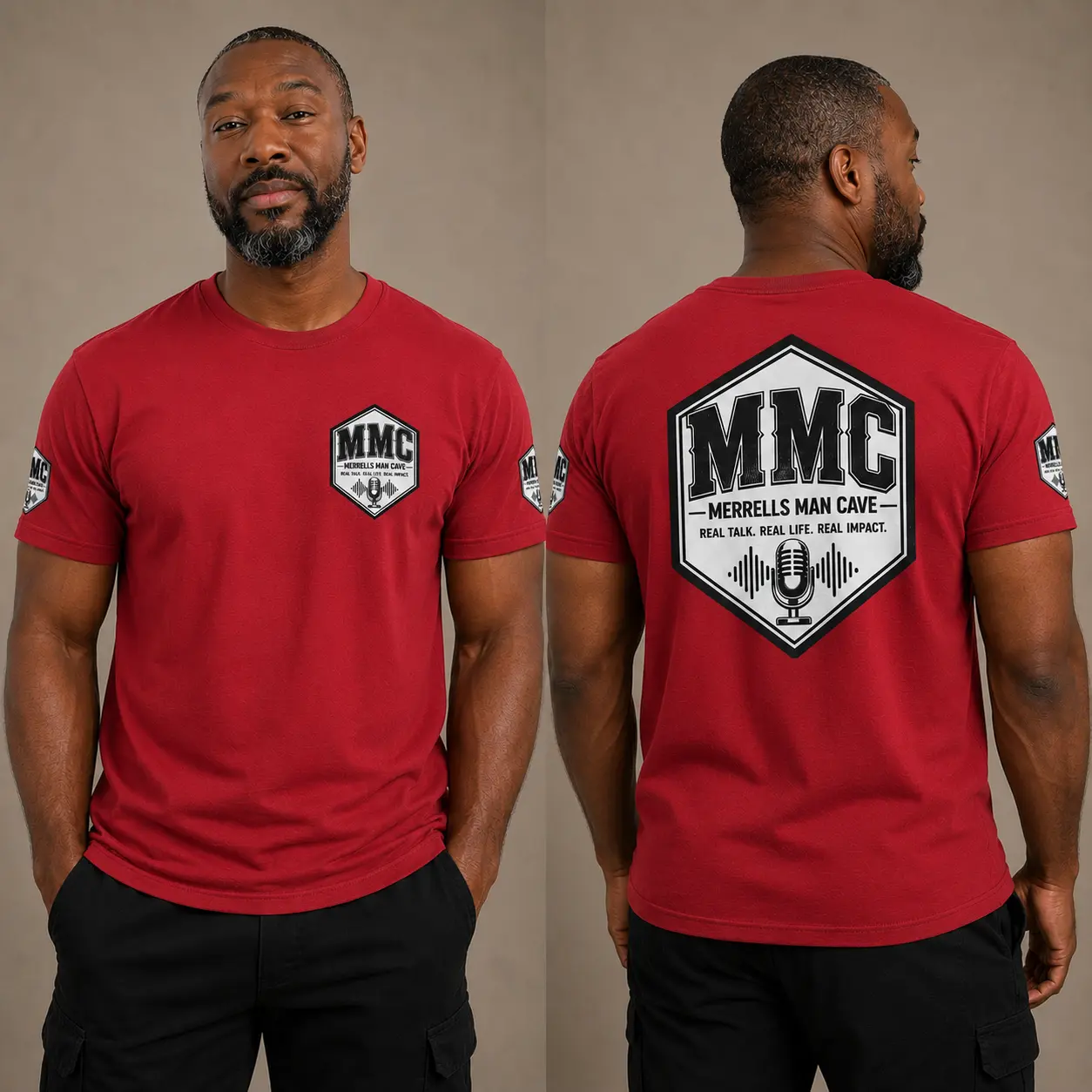 Merrells Man Cave MMC Logo Tee | Podcast Microphone Badge T-Shirt