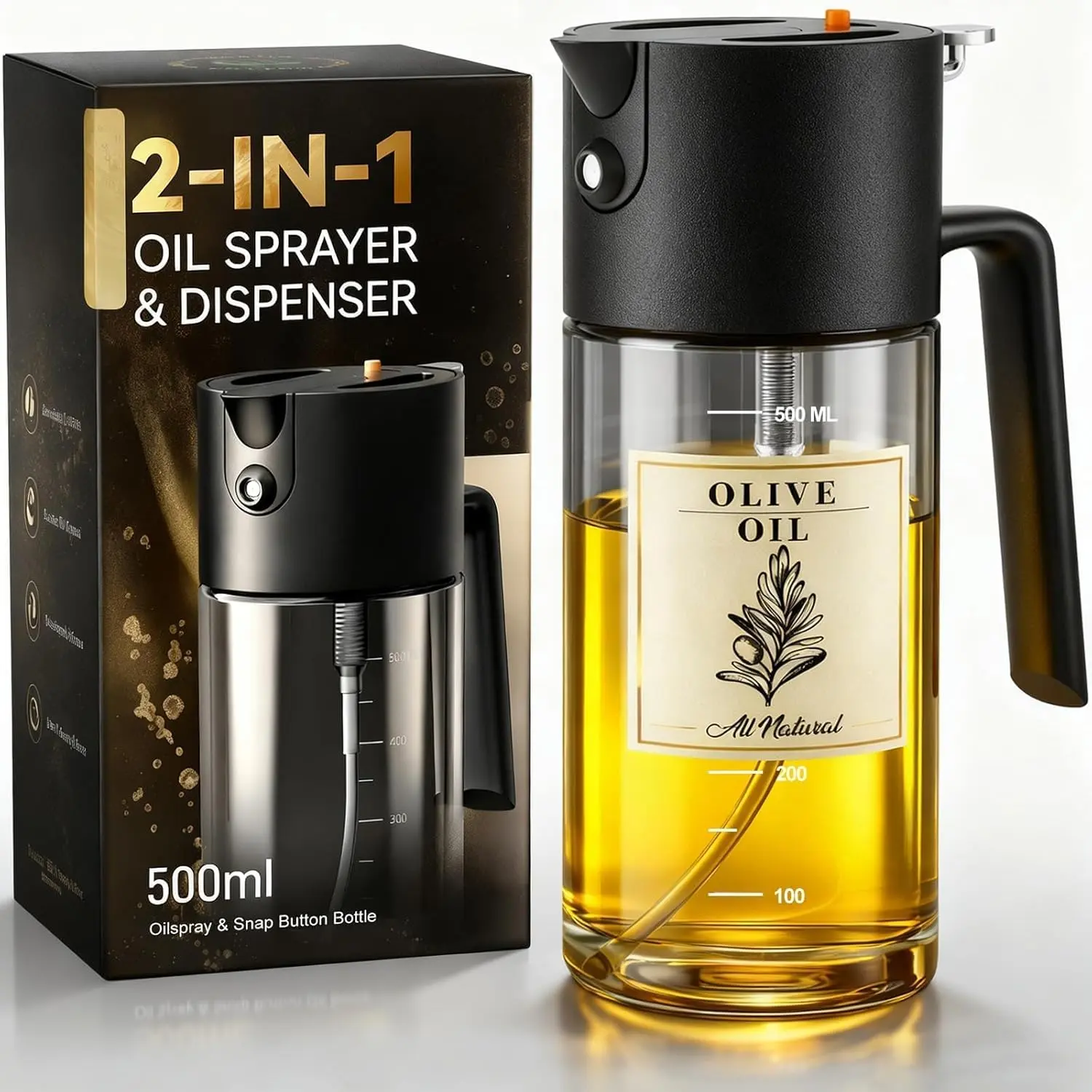 COSTOP SIGNATURE 2-in-1 Kitchen Oil Sprayer Nozzle - 500ml Modern Food-Grade BPA-Free Leak-Proof Refillable Glass Cooking Oil Container Dispenser, 0.5g Per Pump Fine Mist, Ideal for Air Fryer Home Cooks