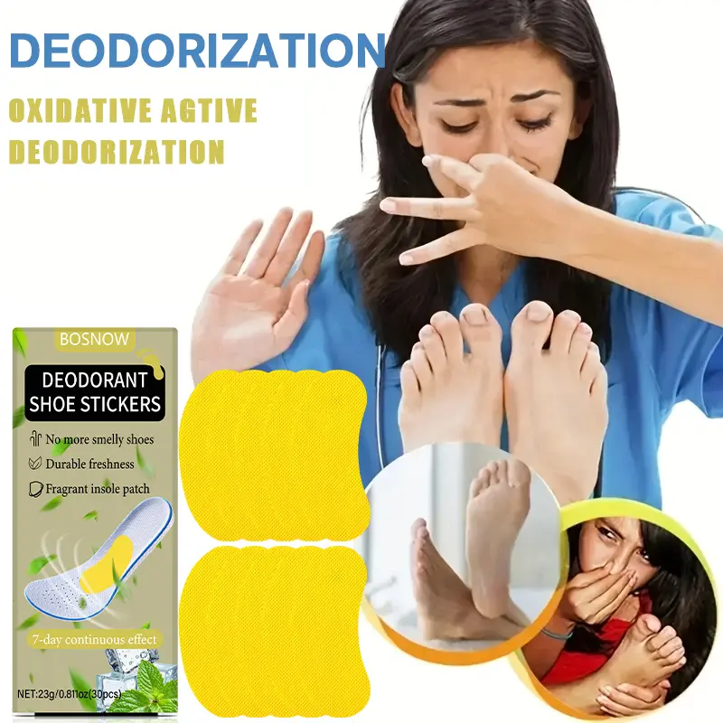 BOSNOW Deodorant Shoe Stickers, Net:23g/0.81oz(30pcs), oxidative active deodorization, eliminates shoe odor, delivers 7-day long-lasting fresh fragrance for footwear.