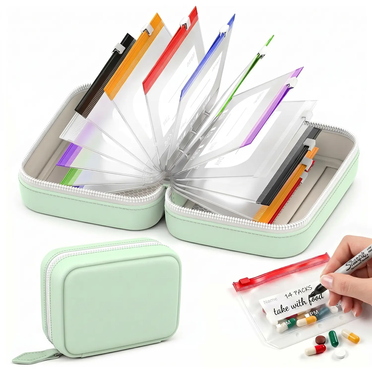 A8 Waterproof Pill Pouch Set, Large Weekly Pill Organizer with 14 Color-Coded Medicine Pouches, Reusable Travel Medicine Organizer, Zippered Pill Storage for Fish Oils, Vitamins