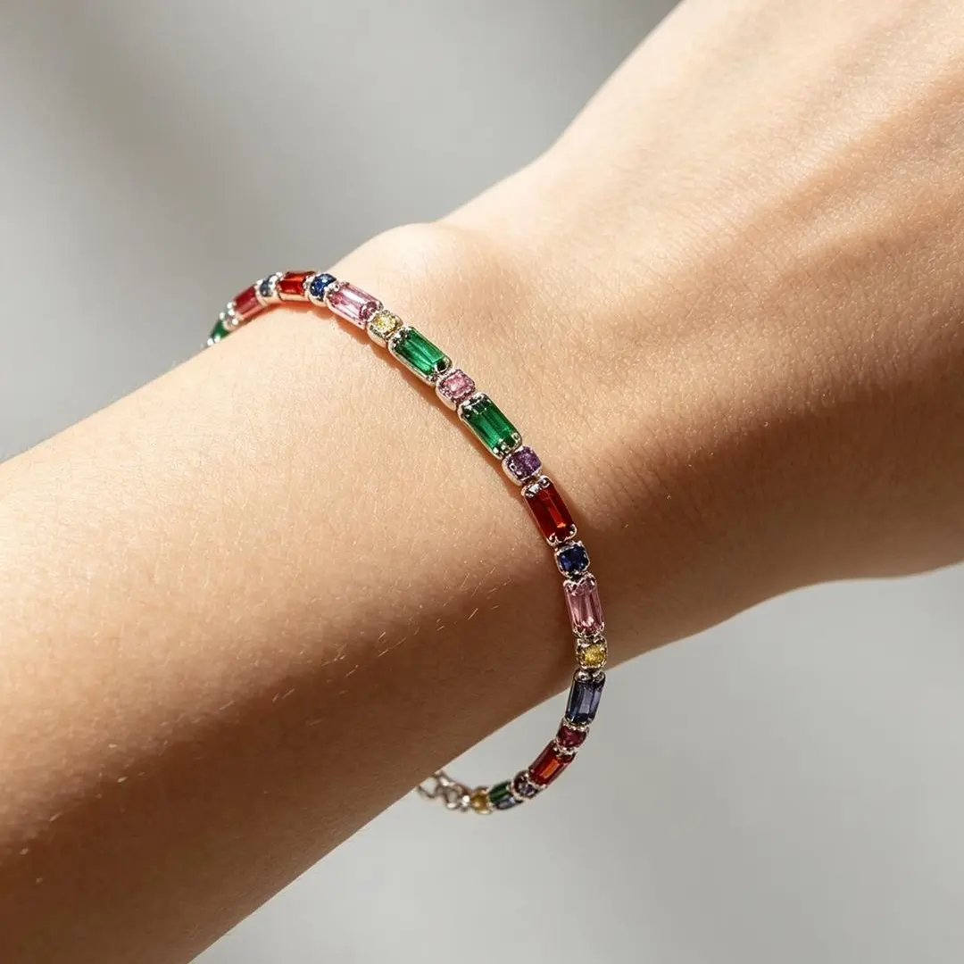 Rainbow Tennis Bracelet with Multicolor Cubic Zirconia, Adjustable Silver Chain, A Stackable Gemstone Bracelet for Women, Beautiful Bracelets