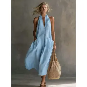VVZ 2026 Women's Casual Halter Neck Midi Dress, V Neck Sleeveless Dress with Pockets, Flowy Vacation Sundress for Daily Wear