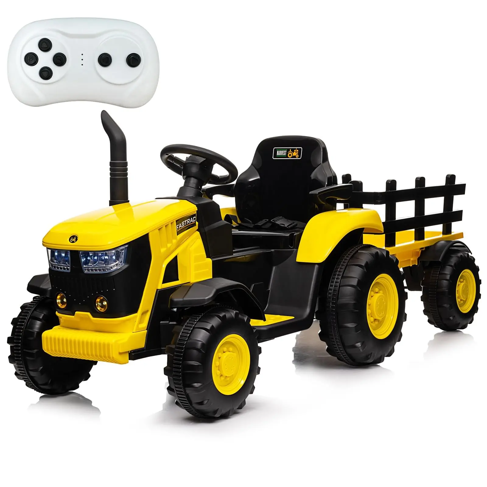 GARVEE 12V Battery Powered Ride-On Tractor with Detachable Trailer and Remote Control, Dual 35W Electric Motor, LED Headlights, and USB Charging, Suitable for Ages 3-8, Yellow