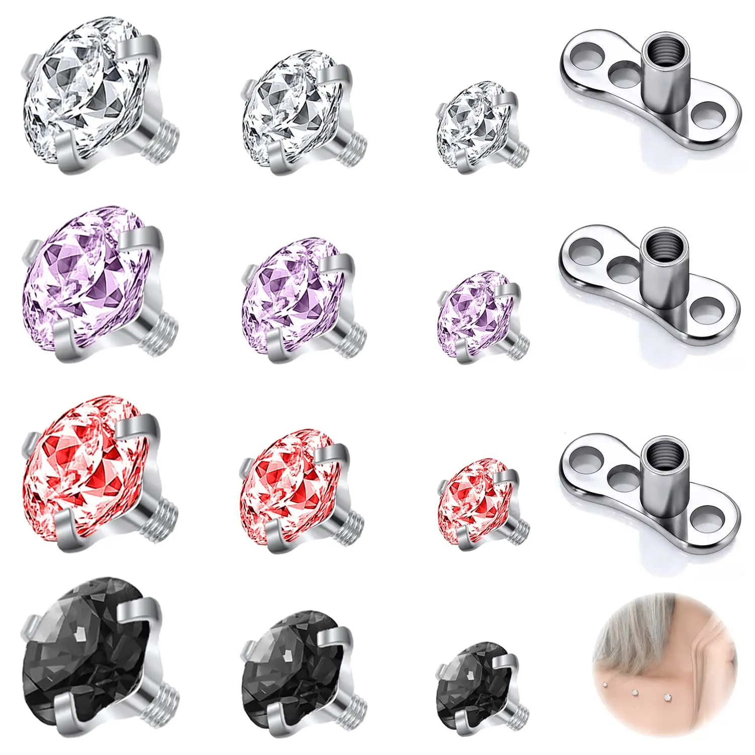 14-15pcs Stainless Steel Dermal 16g Cz Anchor Tops Skin Microdermal For Men Women