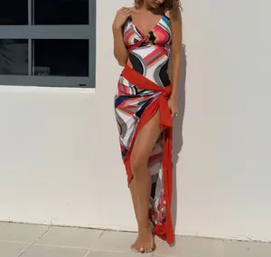 2026 New Women's One-Piece Swimsuit with Cover Up Set, V-Neck Slimming Geometric Print Bathing Suit, Rash Guard Triangle Up Cutout Swimwear for Beach Pool Party