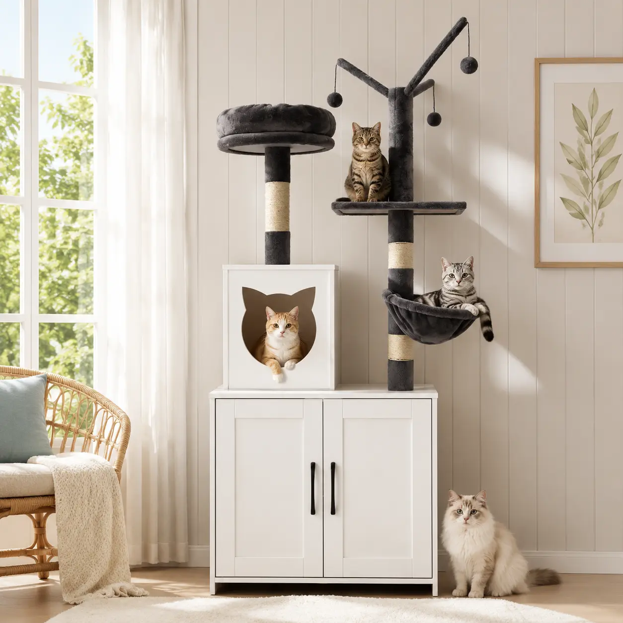 Feandrea 59-Inch Modern 2-In-1 Multi-Use Space Pet Furniture - Cat Litter Box Enclosure, Condo, Scratching Posts, Washable Removable Cushions