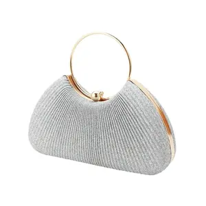 Silver Wrinkled Ring Clutch – Diamond-Studded Mini Evening Bag with Chain Strap