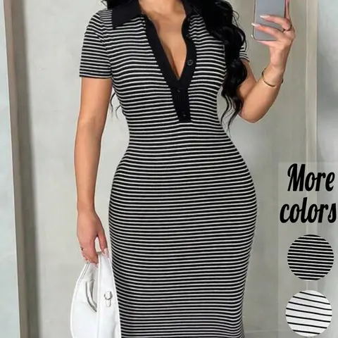 Plus-Size 1 Piece Striped Ribbed Polo Collar Short Sleeve Bodycon Midi Dress Minimalist Urban Office Style Stretchy Dress for Curvy Women, Ideal for Weekend Brunch & Casual Outings, Casual Minimalist Fashion