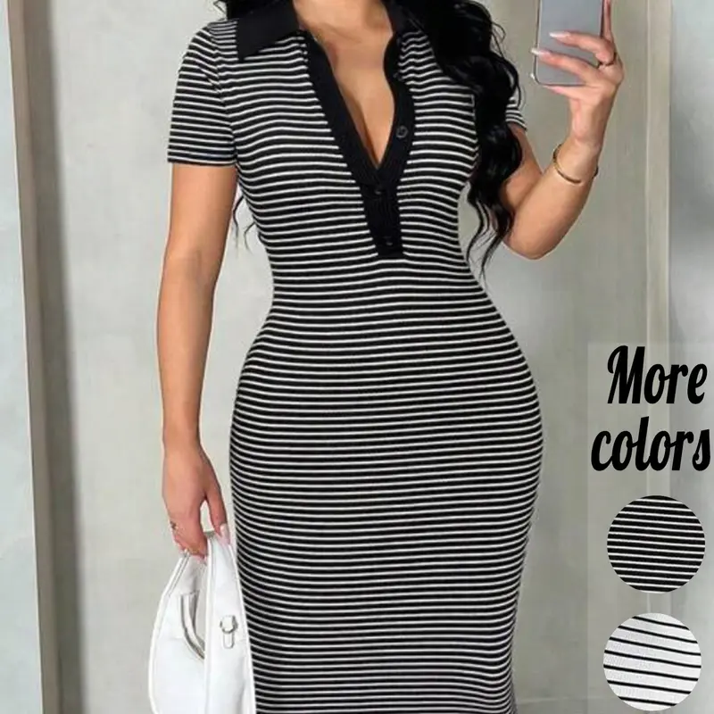 Plus-Size 1 Piece Striped Ribbed Polo Collar Short Sleeve Bodycon Midi Dress Minimalist Urban Office Style Stretchy Dress for Curvy Women, Ideal for Weekend Brunch & Casual Outings, Casual Minimalist Fashion