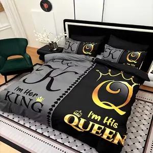 3-piece duvet cover set in gray and black color-blocking with gold letter pattern (1 duvet cover + 2 pillowcases, pillow inserts not included); home bedding, soft and breathable, suitable for bedroom and dormitory use.