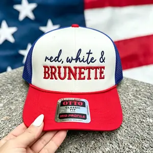 Women's Red White & Brunette Mesh Snapback Trucker Hat - Patriotic 4th of July Country Girl Cap, USA Flag Summer Independence Day Party Hat Gift