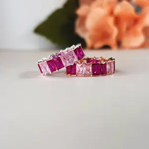 Baguette Eternity Ring — Full Eternity Band with Pink Ruby CZ • Emerald Cut Stacking Ring • Dainty Anniversary Gift for Girlfriend or Sister