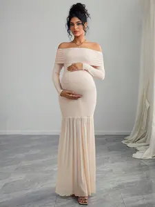 Momance Maternity Off Shoulder Long Sleeve Fitted Dress With Thigh-High Slit And Mesh Panels