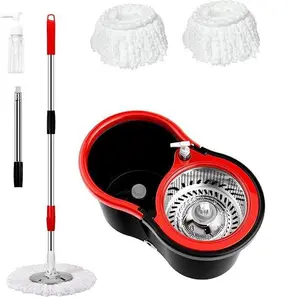 VEETGG Red Black EasyWring  Microfiber Spin Mop Bucket Set EXTRA Mop Head Floor Magic Mop Microfiber 360 Rotating Mop Bucket Set + 3 mop heads Cleaning Pack