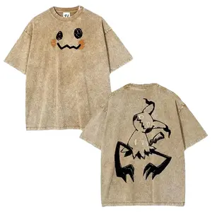 Mens Vintage "Monsters" Graphic Retro Loose-Fit Unisex Mimikyu Round Neck Short-Sleeve Stretch Washed Batik Cotton T-Shirt - Super Soft Pre-Shrunk Fabric, Slight Stretch, Casual Streetwear Top (Regular, XL Sizes)