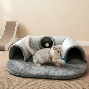 Cozy Pet Cave 3-in-1 Cat Tunnel Bed, Gray Plush with Fleece Lining, Anti-Slip Base, Multiple Entrances, Indoor Cat House, Play Mat &Warm Nest, 33.4 x 27.6 Inch