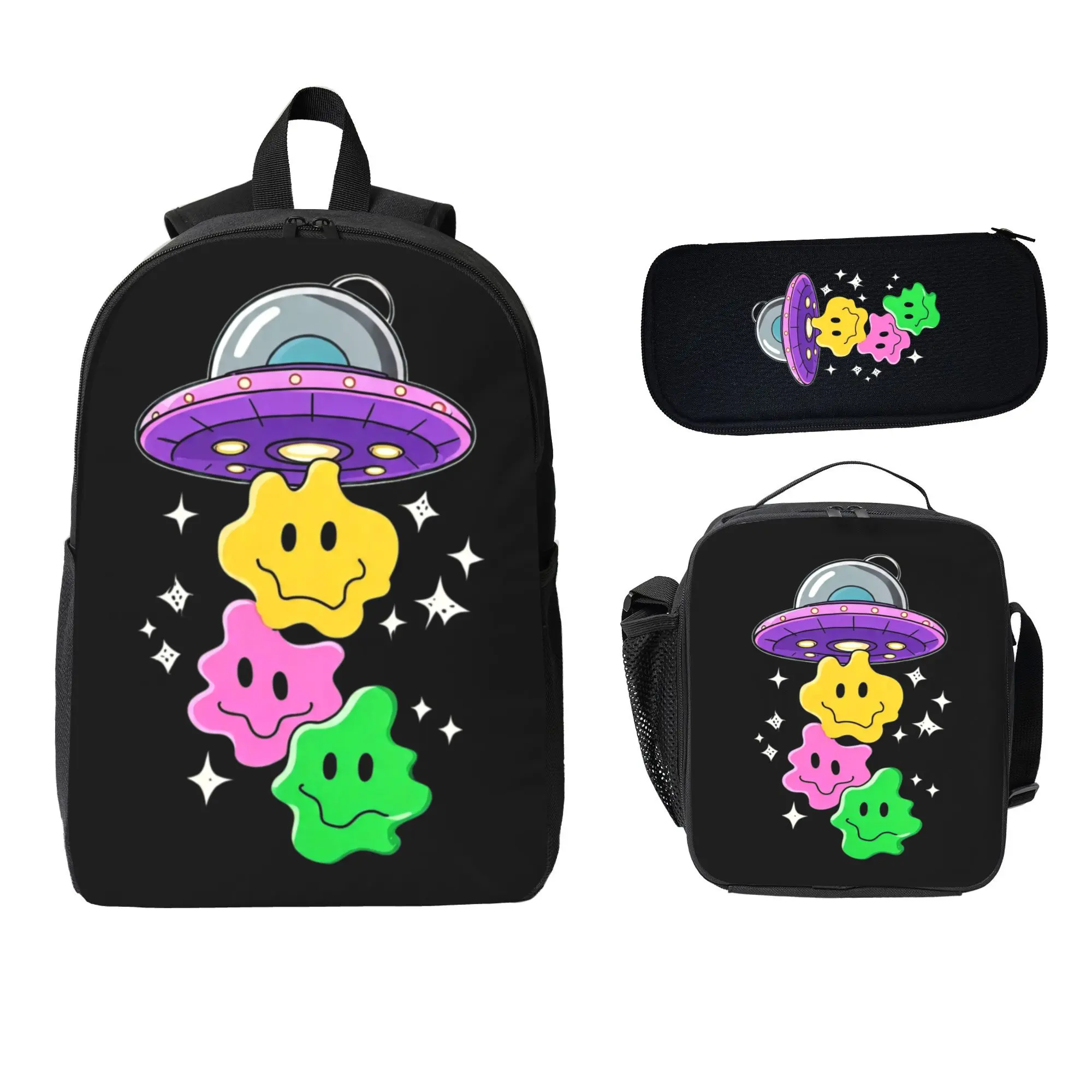Trippy UFO Wavy Smile Face Backpack Set 3 Pieces, Aesthetic Cute Kids Backpack with Insulated Lunch Bag Pencil Case, Cool Space Alien Back to School Bookbag for Girls Boys Teen