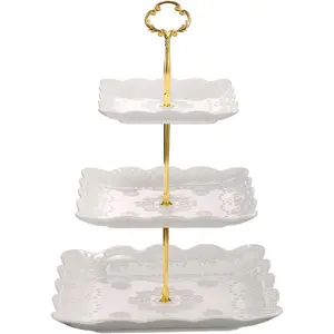 3-Tier Porcelain Cupcake Stand, Tiered Serving Cake Stand, Square White Embossed Dessert Stand for Weddings, Parties, Pastry Serving Tray