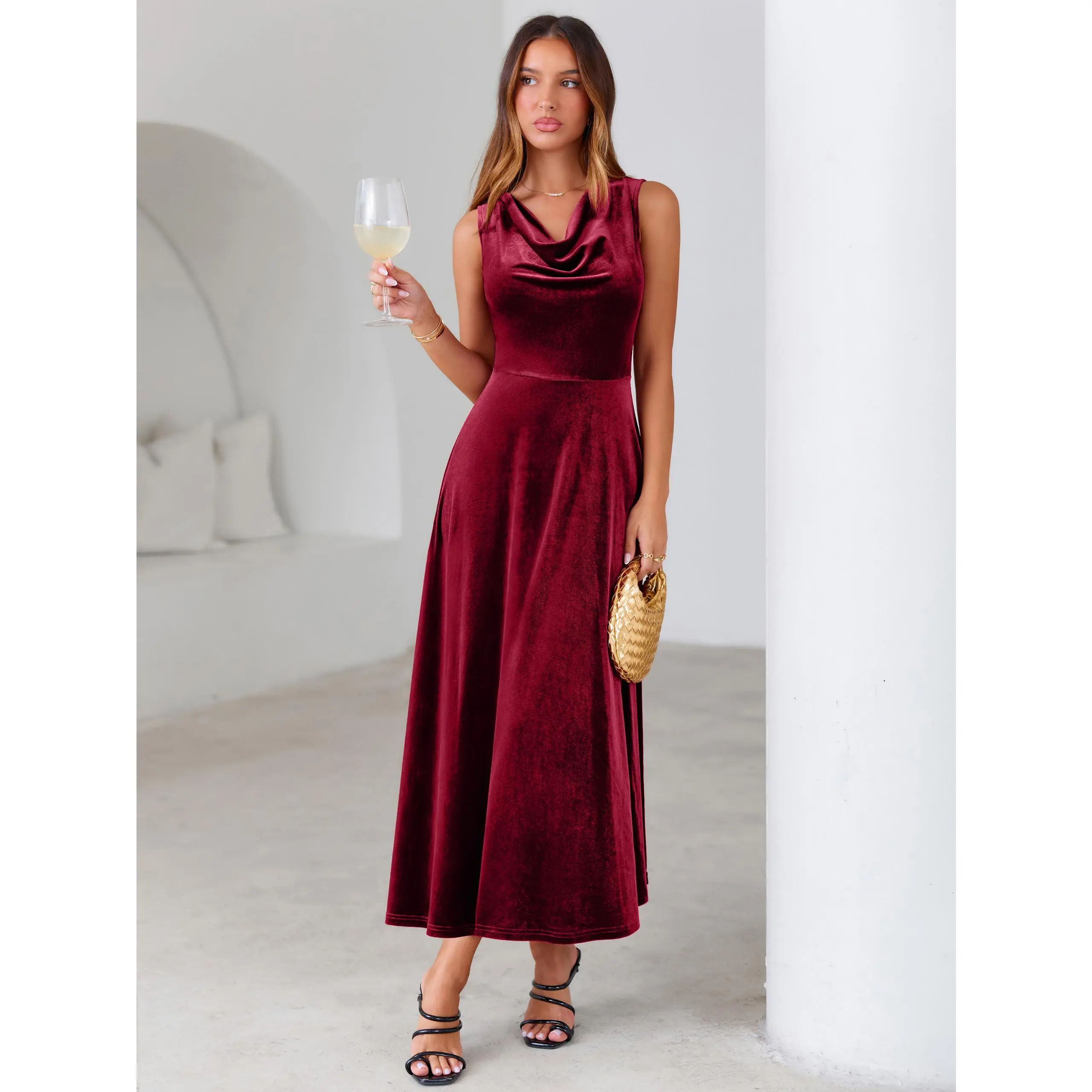 Simplee Womens Cowl Neck Velvet Maxi Dress | Sleeveless A-Line Dresses | Elegant Solid Color Premium Soft Formal Cocktail Party Wedding Guest Gown