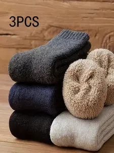 3 Pairs Men's Winter Thick Warm Wool Crew Socks Beige Set Menswear Plain Ideal Christmas Gift for Family Members Casual Solid Color Great for Cold Weather