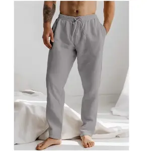Men's Linen Pants Drawstring Elastic Waist Casual Trousers Lightweight Breathable Relaxed Straight Leg Cut with Side Pockets