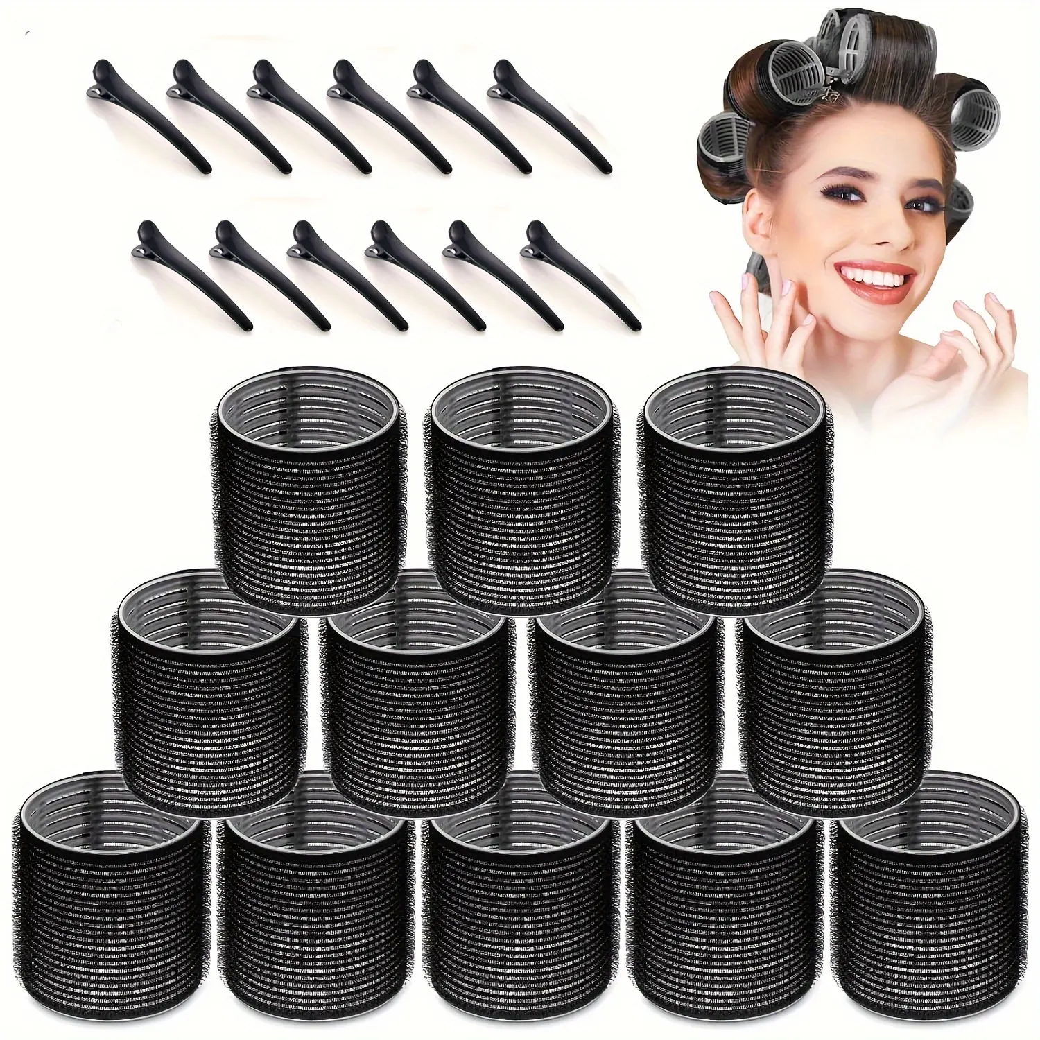 Jumbo Rollers Hair Curlers 24 Pcs Heatless Curling Set with 12Pcs Jumbo Large Hair Rollers and 12 Pcs Hair Clips for Long Medium Hair Volume (Black), Haircare, Hair Styling Tools, Hair Rollers Wave For Curls