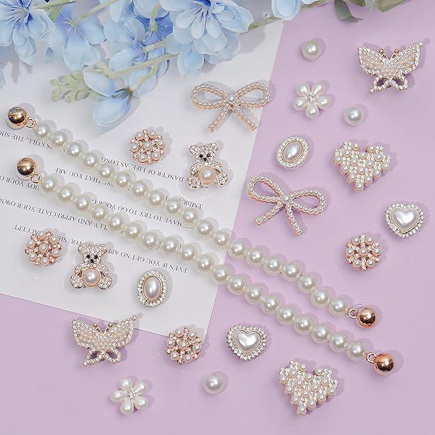 24 Pcs Shoe Charms Chain Accessories for Women Pearl Flower Clog Shoe Decoration Charms Rhinestone Shoes Charms Bling Cute Decor for Party Birthday