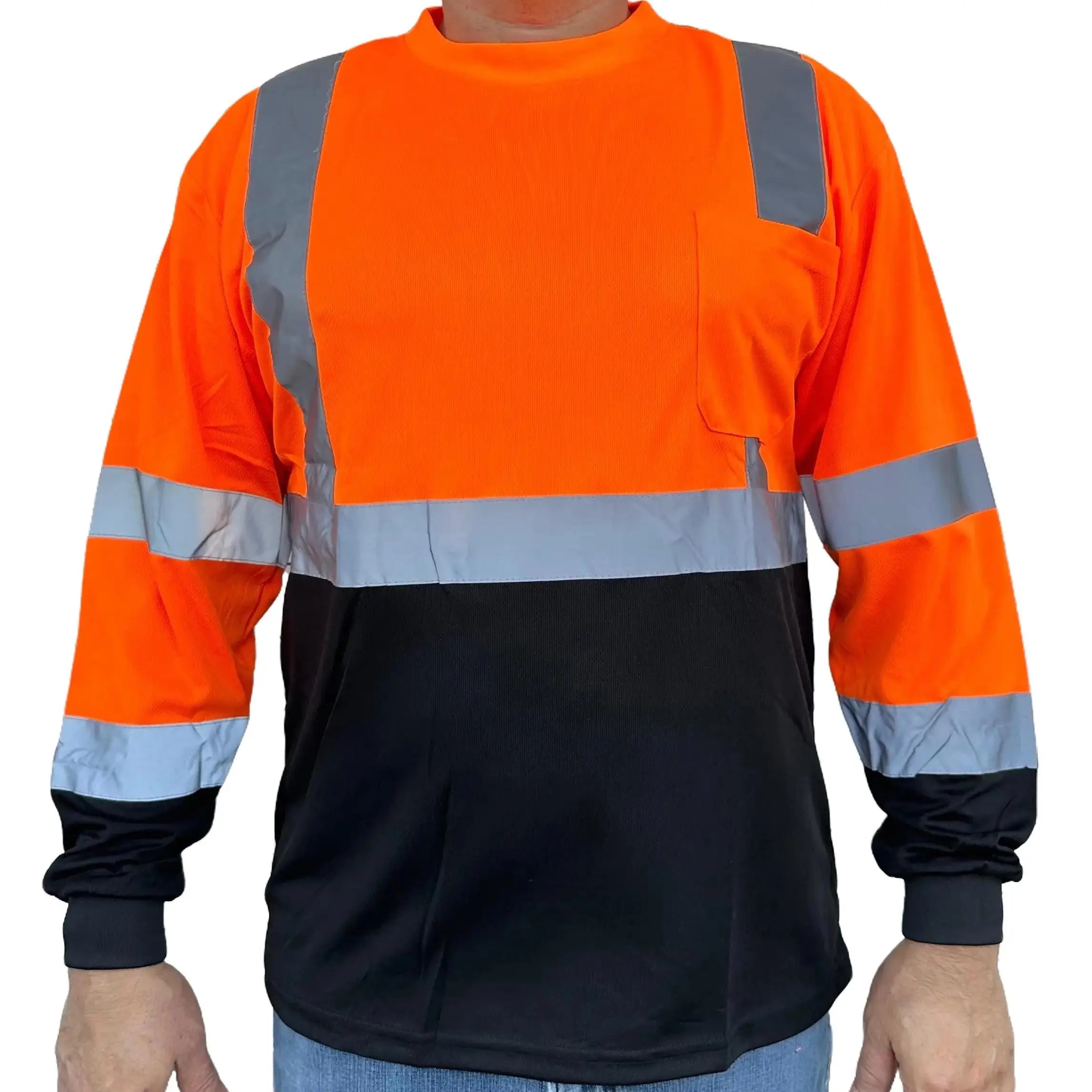 Orange High Visibility Long Sleeve Safety Shirt Reflective / Black Bottom # 901