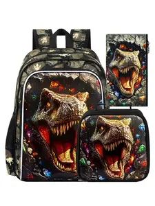 3pcs Dinosaur Backpack Set for Boys, Cool T-Rex Print School Backpack, Insulated Lunch Bag & Pencil Case, Durable Bookbag for Kids