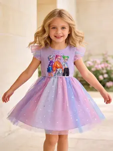 Toddler Girls Puffy Dress Set, Ribbed Top with K-Pop Cartoon Pattern, Dreamy Rainbow Sheer Skirt, Perfect Party, Toddler Outfit