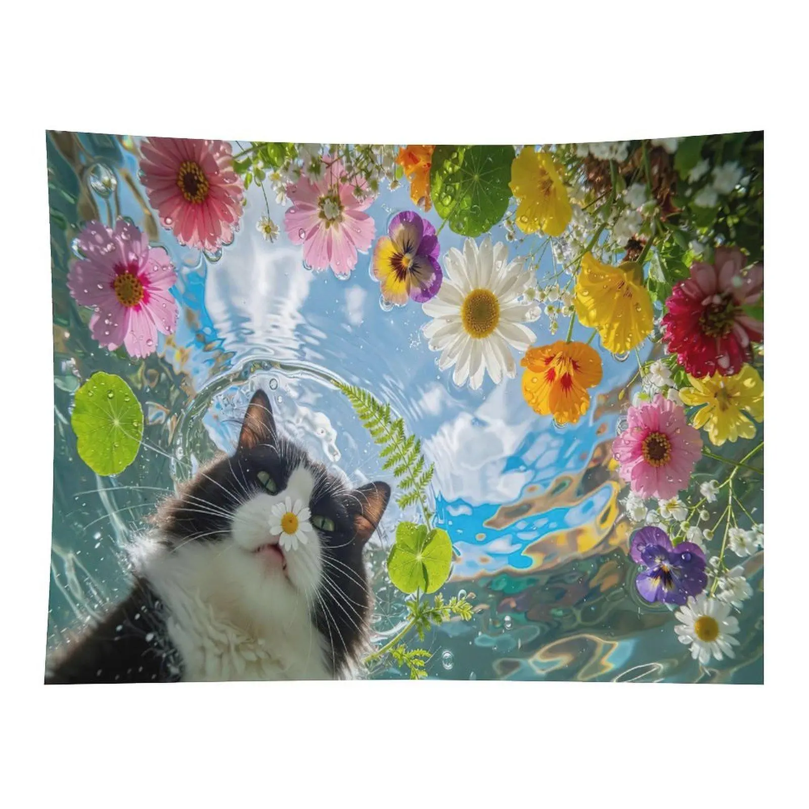 Black White Cat Flower Tapestry Cute Kitty Daisy Floral Wall Hanging, Whimsical Garden Water Tapestry for Bedroom Decor