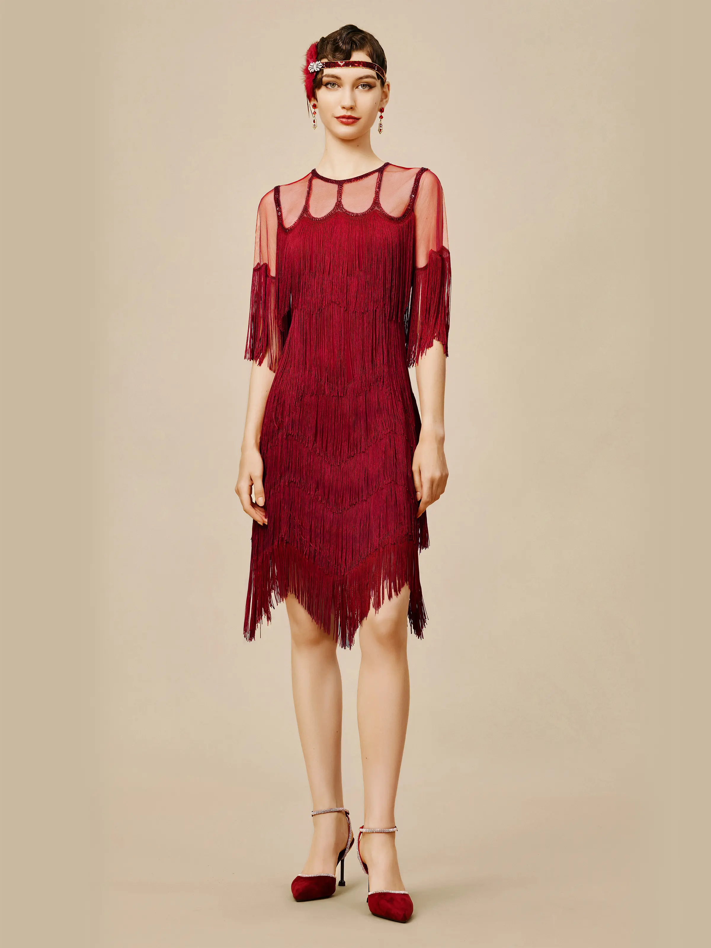 BABEYOND Princesse Tam Tam Beaded Fringe Red Flapper Dress Casual Womenswear