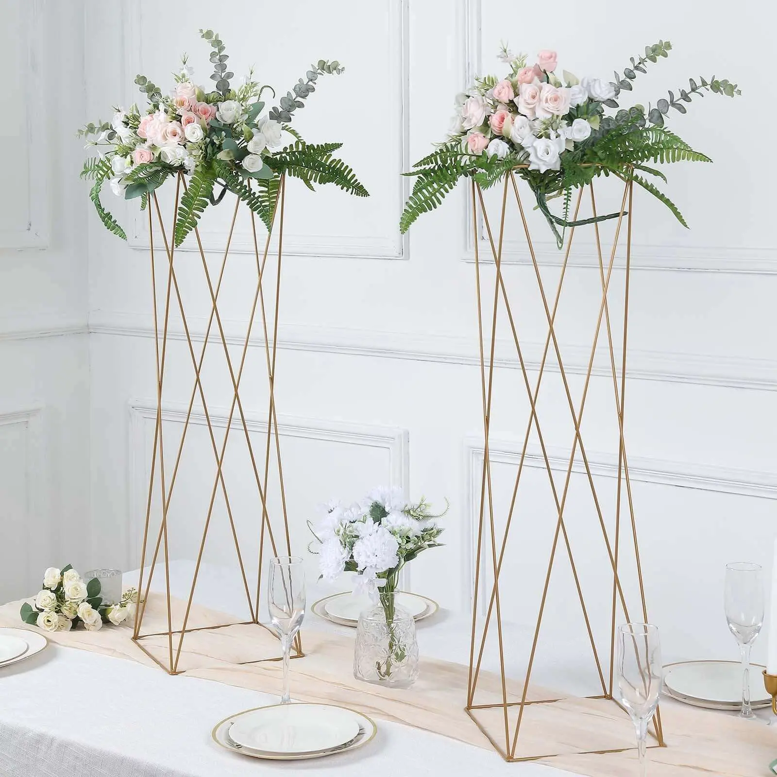 2-Pack Gold Metal Geometric Crisscross Decor - 32" Open Column Pedestal Stands, Elegant Festive Style Centrepieces for Wedding, Home & Festive Party Supplies