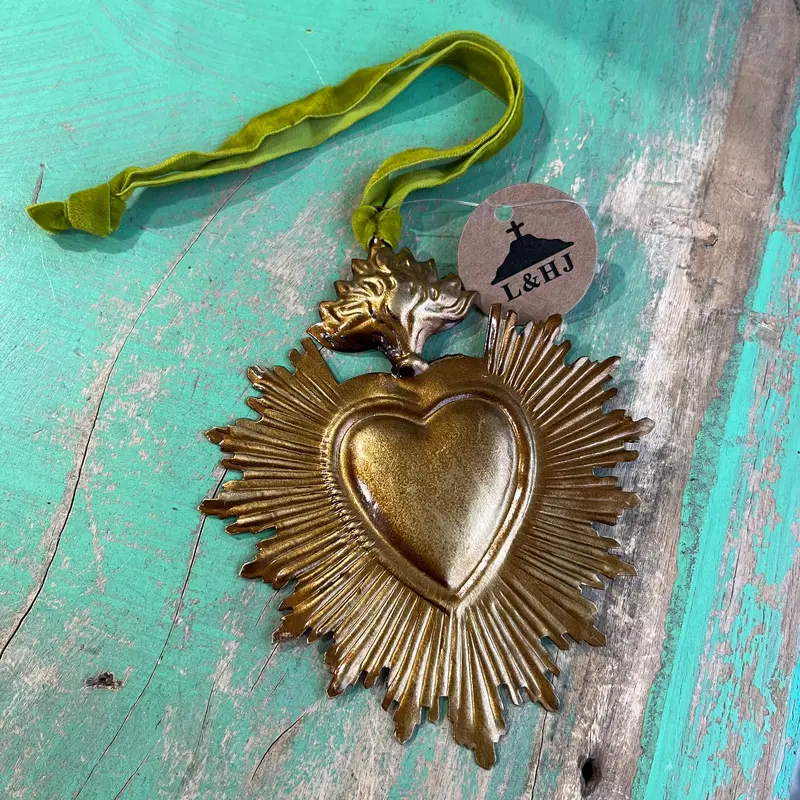 Rays Small Sacred Heart Ornament - Green Cord, Heart Design, Religious Decor
