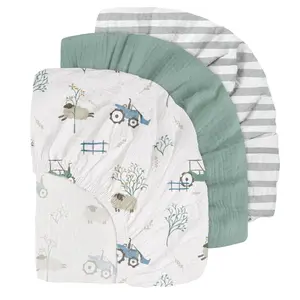 3 Pack Baby Muslin Bassinet Sheets, Breathable Elastic Cozy Fitted Organic Cotton, Oeko-Tex 100, 33"x17", for Baby Boys & Girls