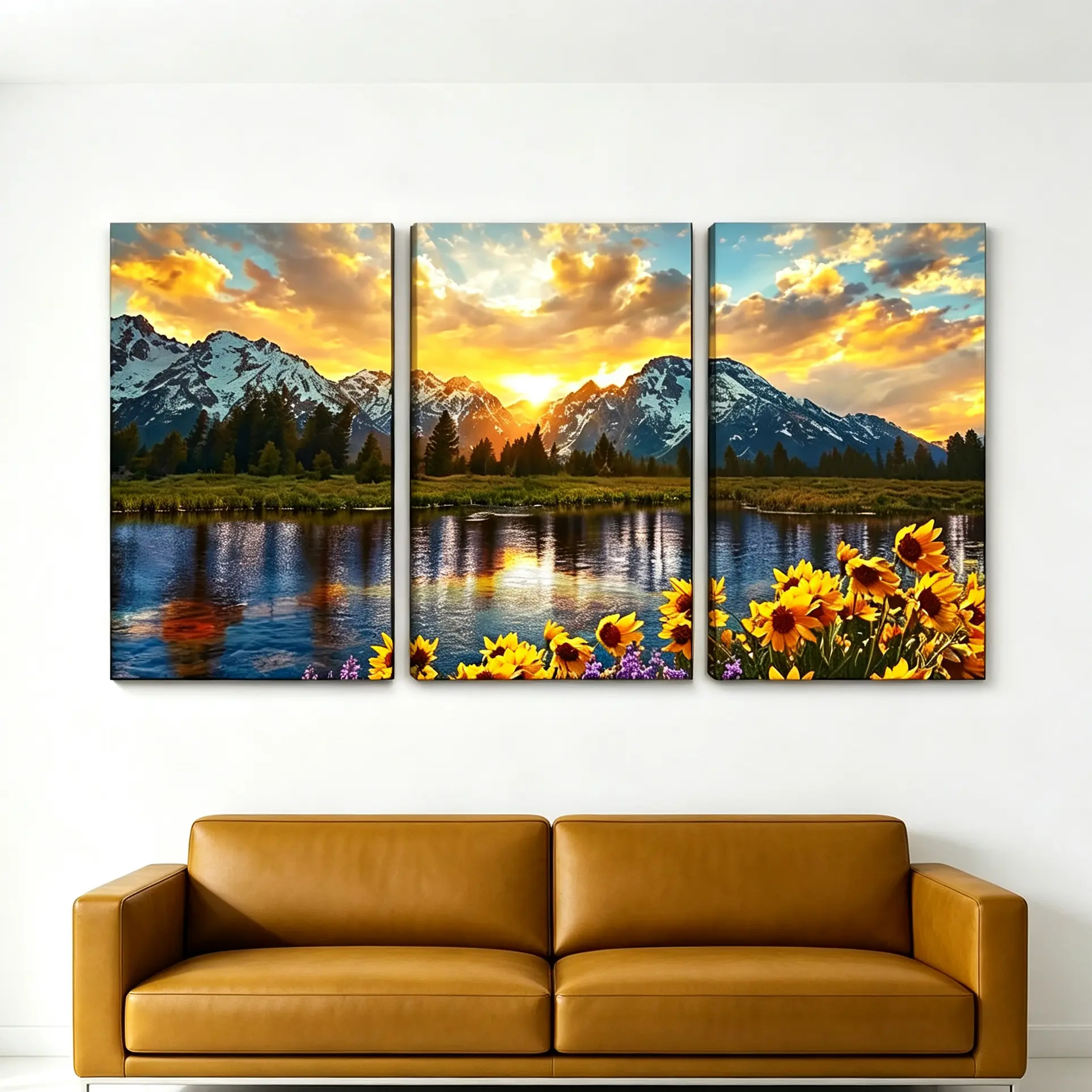 3-Panel Grand Teton Sunrise Canvas Wall Artwork, Framed Mountain Lake & Sunflower Nature Landscape Prints, Rustic Wall Decor for Living Room Bedroom