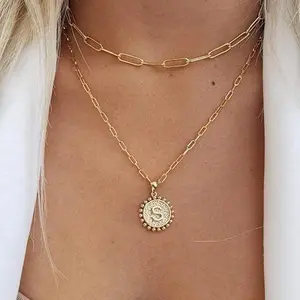 Multi layer women's necklace gift -14K gold-plated exquisite layered paper clip chain necklace coin initial necklace women's birthday gift, Mother's Day exquisite gift