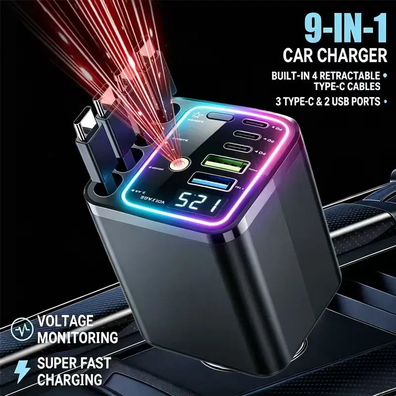 9 in 1 Retractable Star Light Car Charger with 4 Built-in Cables, Star Projector,180° Rotating, 9-Port,3 USB-C, 2USB,Super Fast Charging, LED Voltage Display, Car Accessories for iPhone 17/16/15/14, Galaxy Devices,  Car Adapter Chargers