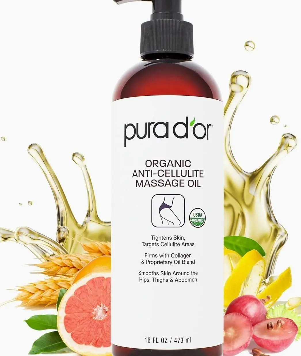 PURA D’OR 16 Oz Organic Anti-Cellulite Massage Oil for Toned Legs and Butt - Lemon Peel, Moringa, Grape Seed, Grapefruit & Eucalyptus Oils - Skin Firming & Tightening