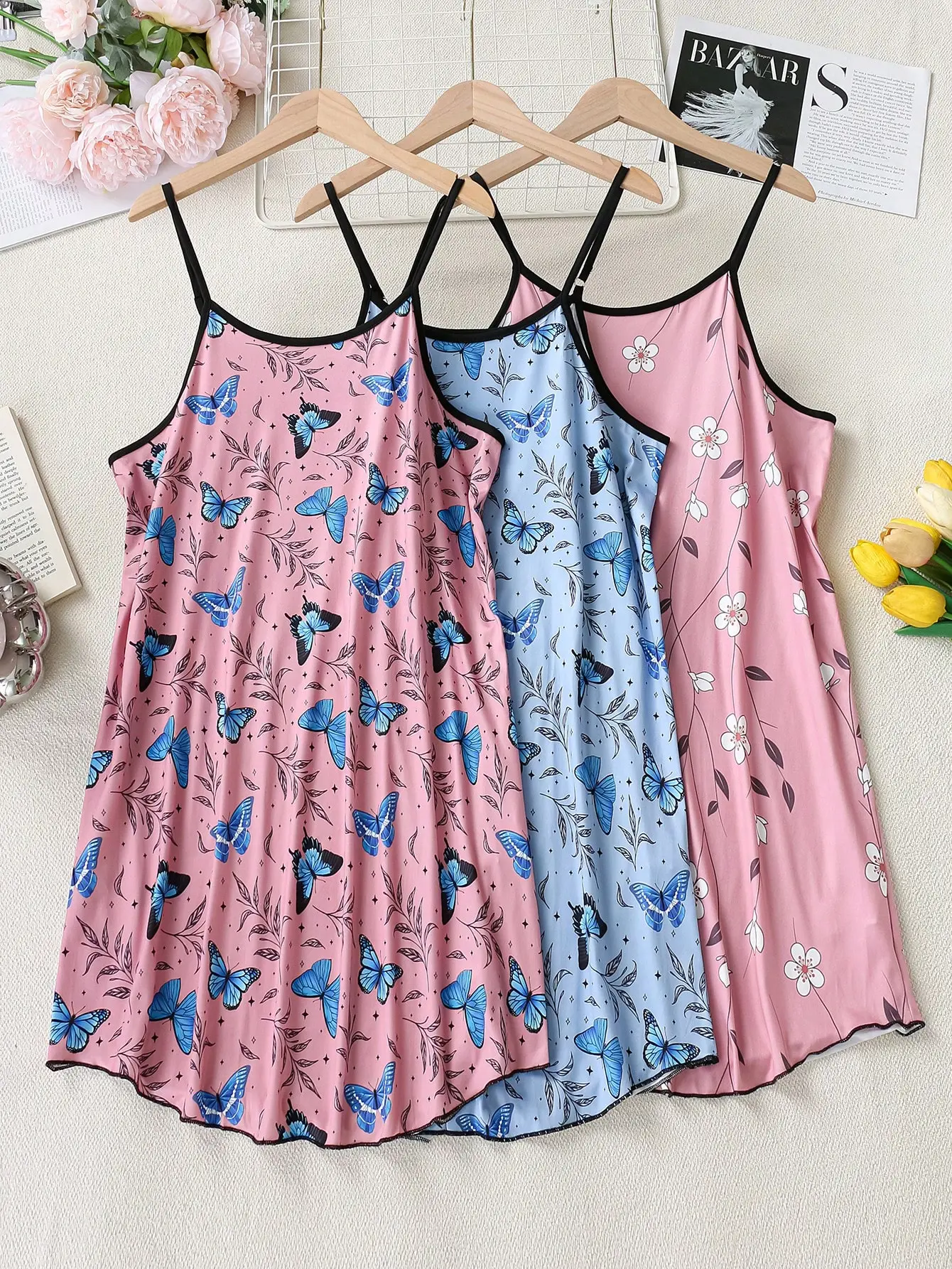 3 Pack Women Spaghetti Strap Nightgowns, Soft Lightweight Summer Sleep Dress, Butterfly & Floral Print Sleeveless Lounge Sleepwear